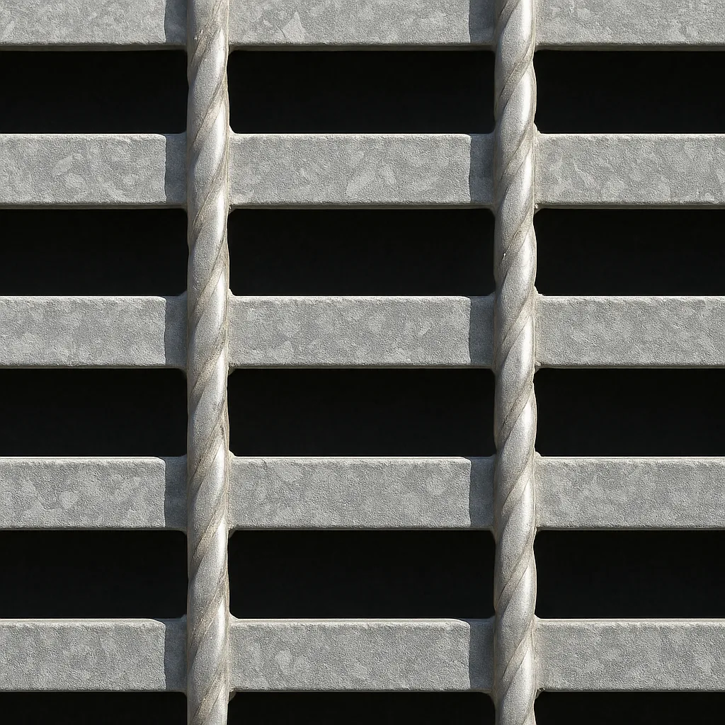 Nahaufnahme eines verzinkten Gitterrosts mit gleichmässigem Rastermuster aus Flachstahlstegen.